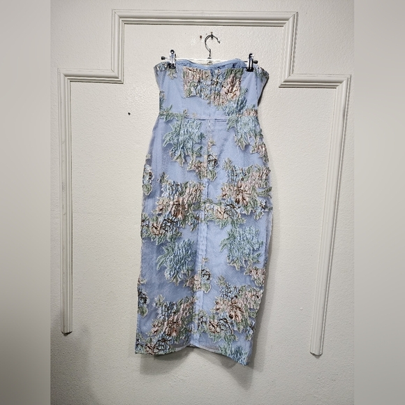 Lulus Upgraded Event Blue Jacquard Strapless Bustier Midi Dress S Wedding Party - Picture 8 of 10